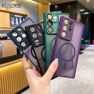 KISSCASE With Lens Film Case For Samsung S23Ultra For Magsafe Wirelss Charge Case for Galaxy S22 S23 Plus Ultra Matte Shockproof Bumper Hybrid Armor Frost PC Hard Matte Clear Cover