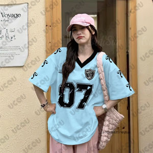 Oversized T-shirt For Women V-Neck Summer Short Sleeve Patchwork Blue 07 Printed Sports Tees Football Jersey Y2k Casual Tops