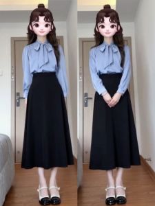 Womens Long Sleeve Butterfly Knot Shirt Commute Formal Teaching Qualification Interview Two-Piece Set Autumn Fashion Workwear