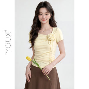 YOUXIANG | Áo Thun Hợp Thân Mới Mùa Hè Cổ Xéo Hoa Văn Nếp Nhăn