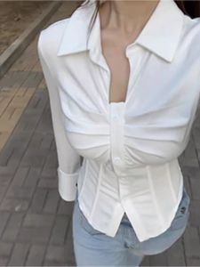 plus Size Slimming Waist Shirt Womens Spring Fashion Inner Wear White Fishbone Bell Sleeve Knot Button up Polo Neck Shirt