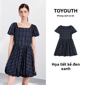 Toyouth | Đầm Dạo Phố Kiểu Pháp Hình Ô Vuông Cổ Vuông Tay Loe Cotton Gingham