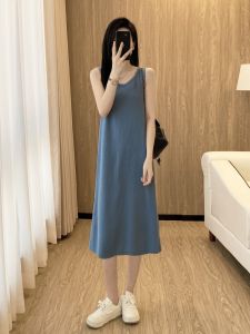 Summer Casual Loose Womens Vest Dress Sleeveless Midi Inner Wear Base A-Line Skirt Polyester Fiber round Neckline Korean Style