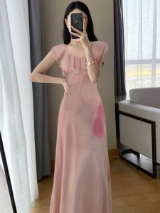 Elegant A-Line Midi Dress with Lace Trim Slim Fit High Waist Polyester Fiber Summer New Style French Method Long Dress