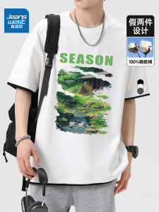 Jeanswest Pure Cotton Short Sleeve T-Shirt Mens Summer 2024 Trendy Brand Simple Half Sleeve Youth Fake Two-Piece Body Shirt