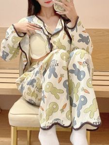ผู้หญิง Pure ผ้าฝ้าย ชุดนอน ชุดพร้อมแผ่นรองหน้าอก แขนยาว การ์ตูน ดีไซน์ ฤดูใบไม้ผลิ ฤดูใบไม้ร่วง เสื้อผ้าใส่ในบ้าน คอวี ปุ่มด้านหน้า
