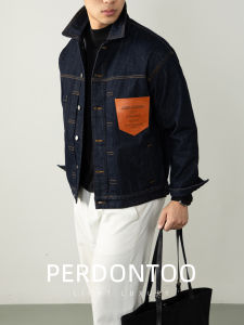 PERDONTOO | Luxury Vintage Deep Blue Denim Jacket with Leather Patches and Visible Stitching
