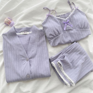 Pure Desire Style Pajamas Womens Long Sleeve Spring and Autumn Pure Cotton Spaghetti-Strap Padded Outwear Three-Piece Suit Womens Summer Loungewear
