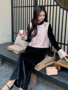Pink Velvet Button-Up Top And Skirt Set Womens Fashion Spring Autumn New Chinese Style Two-Piece Set round Neck Long Sleeve
