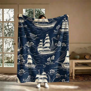 Navy Sailboats FlowersFlannel Blanket Warm Soft Halloween Christmas Couch Warm Cozy Decorative Decor Gift for All Season