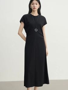DESIGNICE | Slimming Waist Cinching Round Neck Short Sleeve Dresses Black