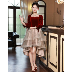 ชุดราตรีคู่เจ้าสาวแขนยาวหรูหรา ชุดเสื้อผ้าทำงานฤดูใบไม้ร่วงและฤดูหนาว ชุดเดรสยาวสั้น ชุดราตรี