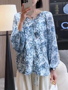 QINGNAER | Korean Style Elegant Plus Size Blue Floral Long Sleeve Blouse