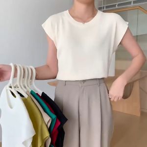 ⚡Port⚡ blouses women new style 2025 Summer Ice Silk Knitted Top Womens Round Neck Short Sleeve Blouse New 2025 Plain Top