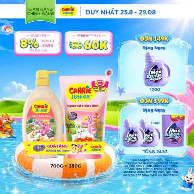 [TẶNG TÚI 380G] Sữa Tắm Gội Cho Bé Carrie Junior Hương Mơ Tây 700g