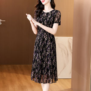 New 2024 Taiwanese Floral Print Slimming Dress Chinese Style Mid-aged And Elderly Fashionable Midi Skirt Polyester Fiber Short Sleeve