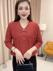 Womens Sweater Spring and Autumn V-neck Knitted Sweater Versatile Loose Bow Long Sleeve Base Coat Top