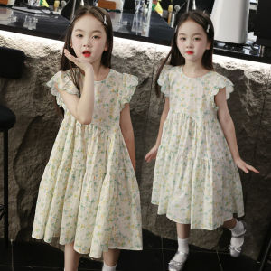 Princess Style Floral Print Cotton Dress for Girls Summer Season Half Sleeve Sweet Style Childrens Dress Little Girl Dress