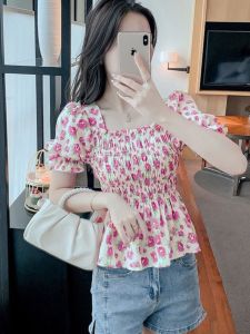 Sweet Summer Short Sleeve Chiffon Shirt Womens Slim Fit French Style Bubble Sleeve Square Collar Floral Print Top Waist Cinched