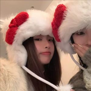 Hello Kitty Winter Plush Cat Ear Hat Cozy Warm Ear Protection Cap for Women Girls Cute Red Bow Students Thickened Windproof Christmas Caps