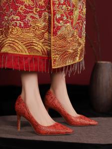 Red High Heels Chinese Style Wedding Shoes Comfortable Womens Footwear Breathable Lace up Court Shoes for Brides