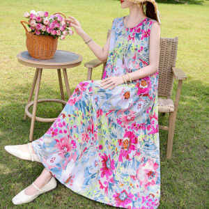Elegant Young Style Sleeveless Cotton Silk Dress Summer Vacation Beachwear Large Size Midlife Sanya Beach Skirt A-Line Dress
