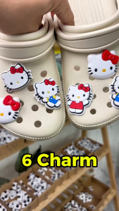 Bộ 6 CHARM STICKER - Mèo Xinh Nơ Đỏ - Phụ kiện mềm gắn giày dép lỗ - Sẵn nút gắn