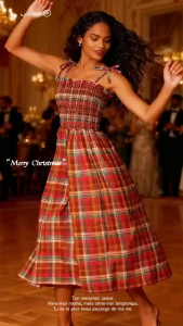 YSS Christmas Party Trendy Plaid Smocked Midi Dress for Women – Sleeveless Summer Dress with Tie Straps