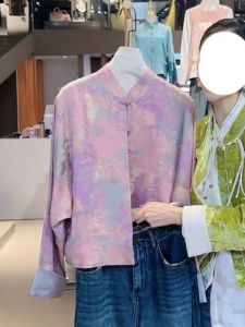 New Chinese Style Loose Slimming Pink Floral Print Outerwear Top Trendy Unique Design Comfortable Silk Blend Long Sleeve Shirt