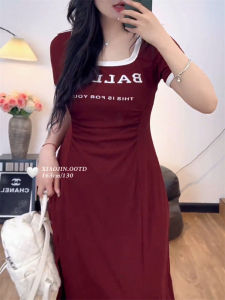 Plus Size Slightly Oversized Girls Hot American Square Collar Sports Style Dress Womens Summer Retro Contrast Color Split Waist Dress