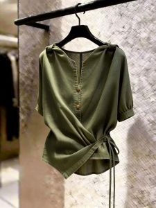 NUMEN BUTTON | Fashion V-Neck Belted Waist Shirt For Women Summer
