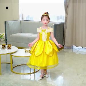 Girls Belle Princess Dress Off Shoulder Satin Lace Puffy Ball Gown Kids Formal Costume for Birthday Party Halloween Cosplay