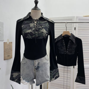 American Style Slim Fit Long Sleeve T-Shirt with Polo Collar And Bell Sleeves Casual Short Length Pullover Shirt in Camouflage Pattern