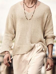 Loose Mens Knitted Long Sleeve V-Neck Sweater Pure Color Retro Style Breathable Comfortable Cotton Blend Autumn Fashion