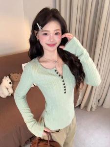 XIANGBAIWEI | Mint Green V-neck Cable Knit Long Sleeve Slim Fit Winter Undershirt Henley Collar Knit Sweater