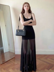 CHANGTONG | Flattering Square Neck Fitted Slim Sheath Long Dress Black