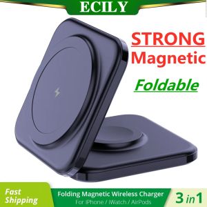 Ecily 15W 3 trong 1 bộ sạc không dây nam châm điện thoại có thể gập lại chủ đứng cho i-Phone 14 13 12 a-pple xem a-irpods Trạm Sạc nhanh
