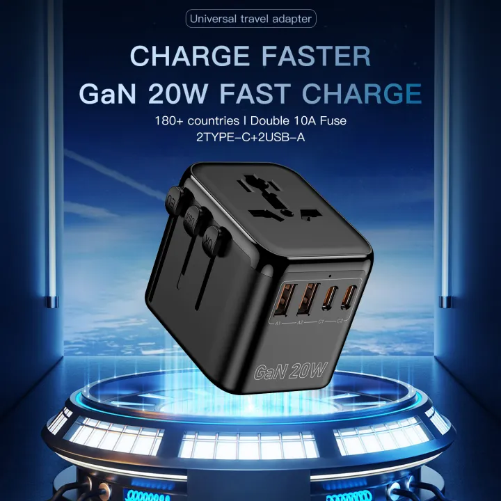 GaN 20W International Power Adapter,2 USB-C & 2 USB-A Fast Charging Travel Charger,Outlet Adapter Travel for Europe EU UK USA AU
