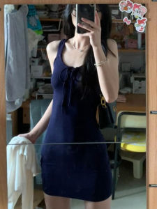 Stunning Dark Blue Short Skirt Cardigan Two-Piece Set Summer Wear Sweet Style Pure Color Bridesmaid Dress Bodycon Dress