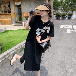 Loose Comfortable Black Sweatshirt Dress Womens Summer New Style Gentle Wind Midi Dress Korean Version H-Line round Neck Short Sleeve