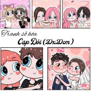 Tranh tô màu theo số Cặp Đôi Xinh size 20x20cm đã căng sẵn khung Tranh sơn dầu số hóa sẵn màu và cọ vẽ