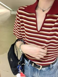 HUOLISI | Red Striped V-Neck Stylish Summer Womens T-Shirt