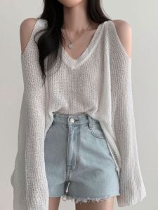 Áo Len Dệt Kim Hở Vai Cổ Chữ V Mỏng Mùa Hè Cho Nữ Cỡ Lớn Áo Chống Nắng Dáng Rộng Chất Liệu Polyester Dài Tay