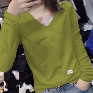 Pure ผ้าฝ้าย แขนยาว คอวี เสื้อยืด ผู้หญิง ฤดูใบไม้ผลิ ฤดูใบไม้ร่วง ลำลอง หลวม พลัสไซส์ Fat Mm Belly Covering พรางหุ่น Youthful