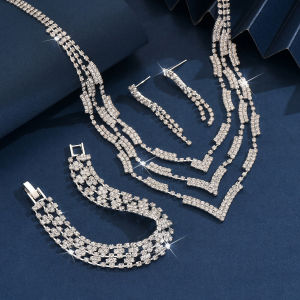 Fashionable Rhinestone Sparkling Necklace Earrings Bracelet Set Light Luxury Style High-End Jewelry Set Womens