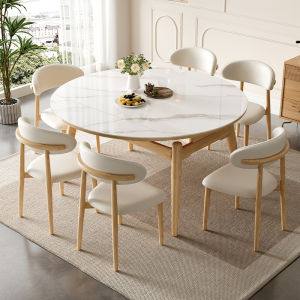 Solid Wood Stone Plate Dining Tables and Chairs Set White Modern Minimalist Small Apartment Retractable Foldable round Table For Home Dining Table