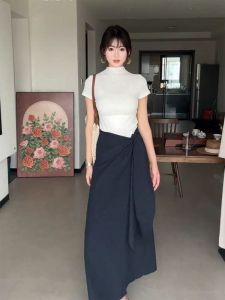 กระโปรงทรงเอสีน้ำเงินเข้มยาว ชุดแฟชั่นฤดูร้อนสำหรับผู้หญิง กระโปรงทรงเอเอวสูง ทรงหลวม ไม่มีซิป ไม่มีซับใน กระโปรงทรงเอ