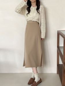 Khaki Slit on Both Sides Skirt Womens Elegant Long Retro One-Step Skirt High Waist Straight Hip Skirt Large Size Fashion