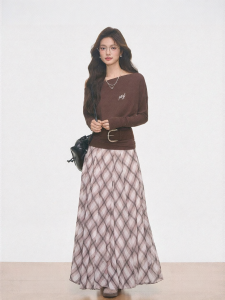 WESTAYONE | Slant Shoulder Slimming Loose Long Sleeve Knit Top Plaid Half Skirt