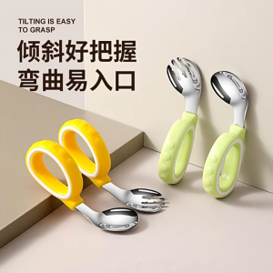 2Pcs Silicone Handle Baby Fork Spoon Set 316 Stainless Steel Cutlery Curved Learning Training Toddler Tableware
